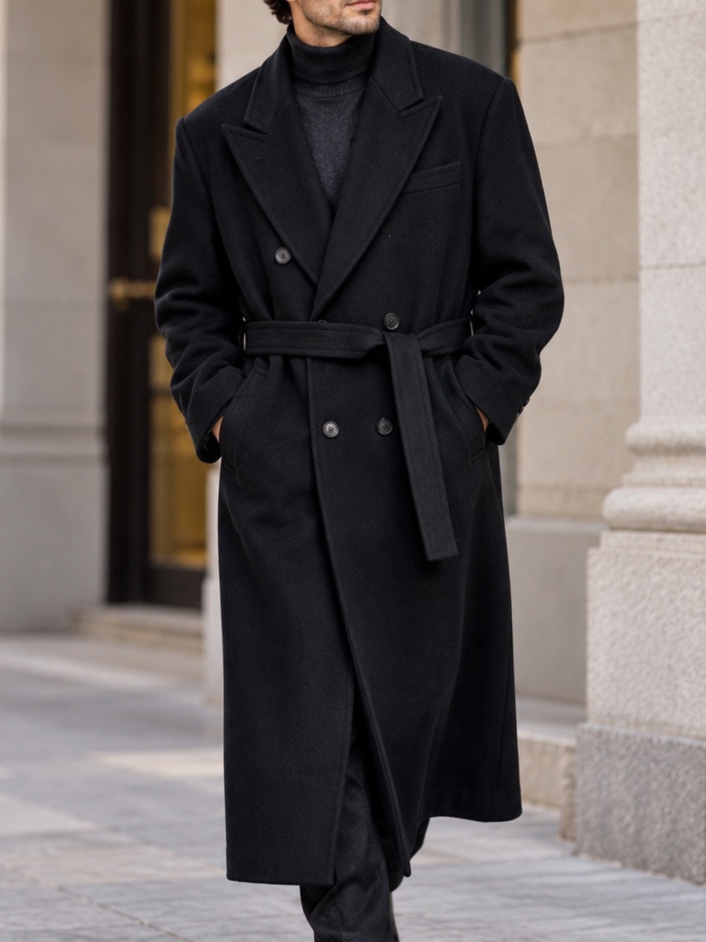 Successo Uomo by Phita Black Wool Double Breasted Belted Maxi Overcoat